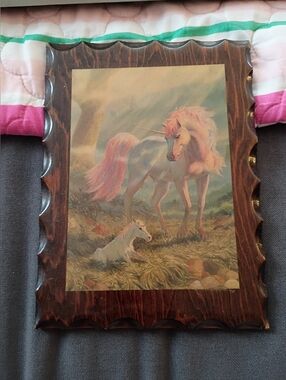 Vintage Unbranded Pink Unicorn Wall Art in Wood Frame